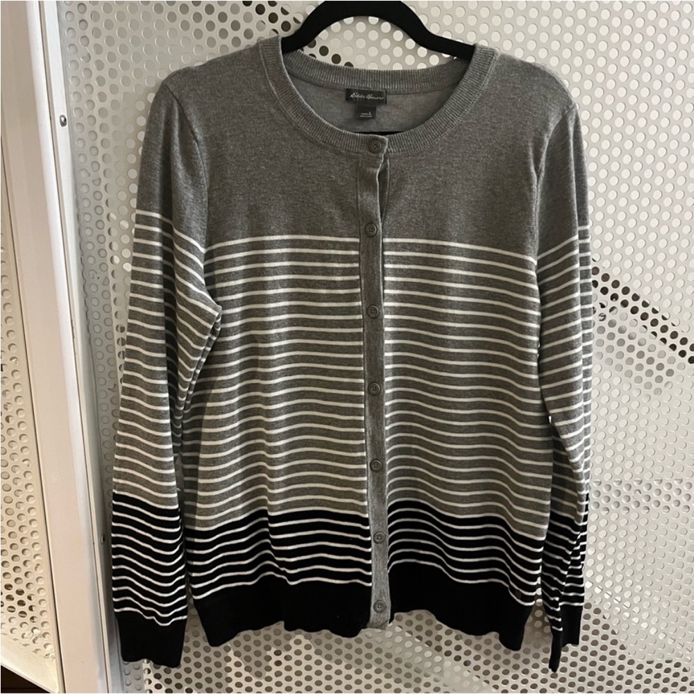 Eddie Bauer Striped Cardigan Size Large in Gray White Black Button Front GUC